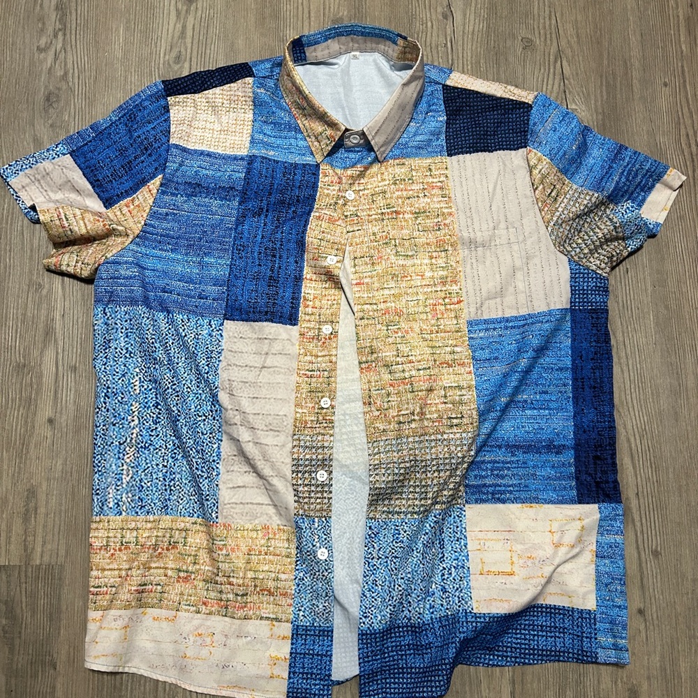 Men's Blue and Beige Patchwork Shirt